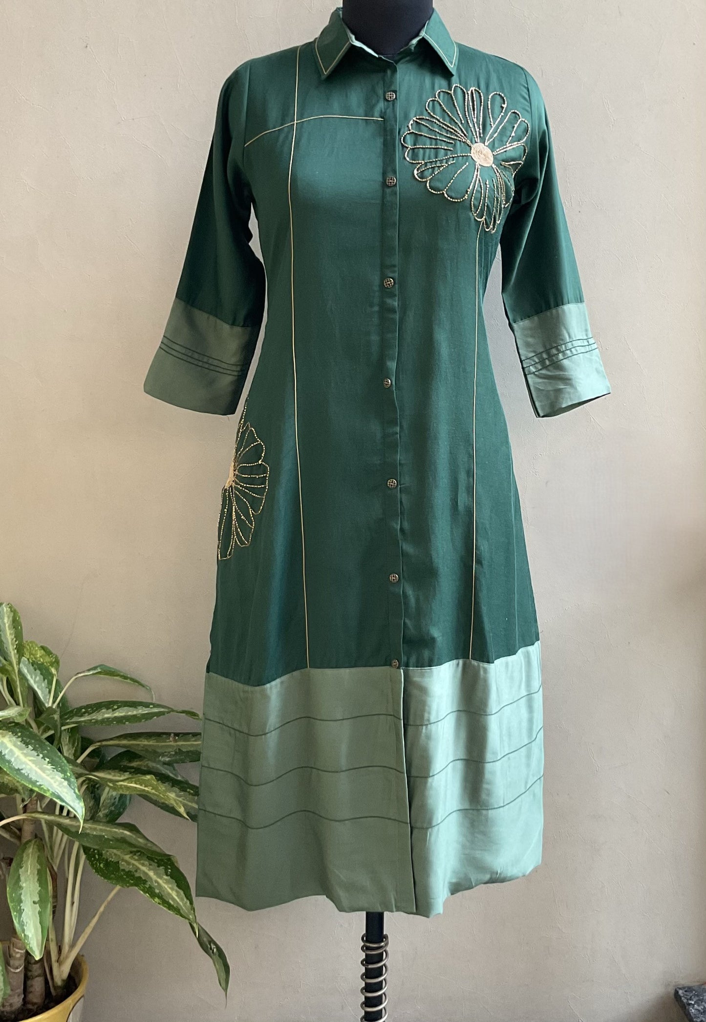 BOTTLE GREEN CUTDANA DETAILING ALINE DRESS