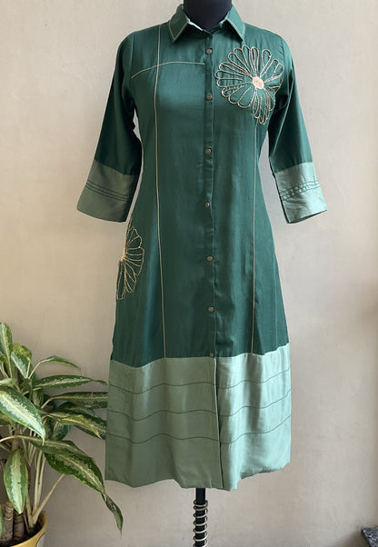 BOTTLE GREEN CUTDANA DETAILING ALINE DRESS