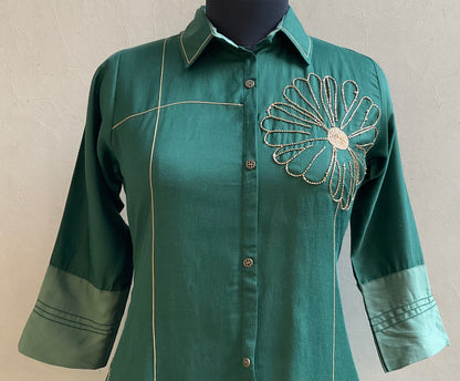 BOTTLE GREEN CUTDANA DETAILING ALINE DRESS