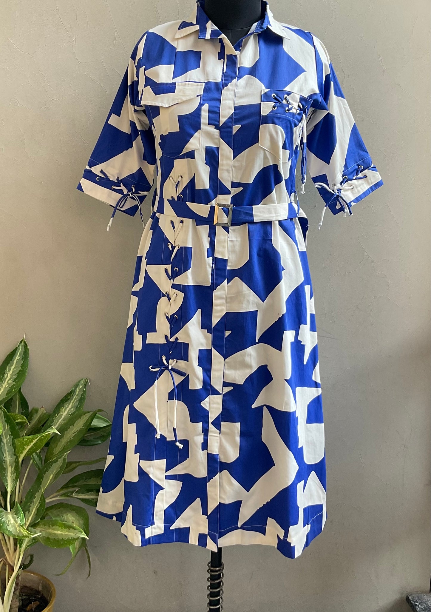 WHITE AND BLUE PRINTED DORI DETAILING ALINE DRESS