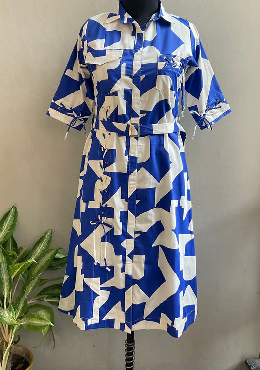 WHITE AND BLUE PRINTED DORI DETAILING ALINE DRESS