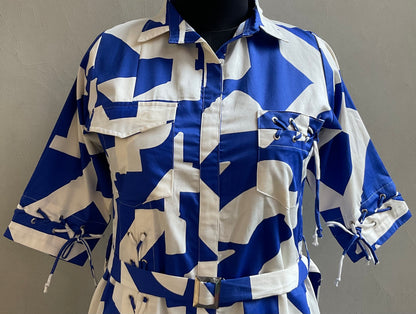 WHITE AND BLUE PRINTED DORI DETAILING ALINE DRESS