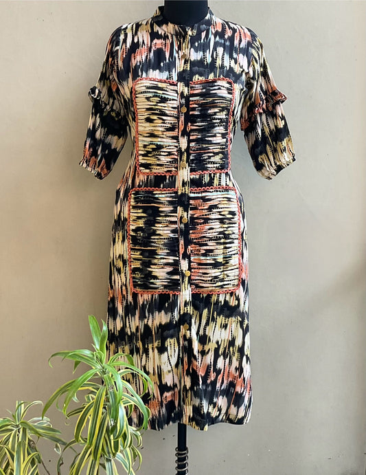 MULTI COLOR FRONT PLEATED ALINE DRESS