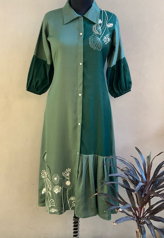 DARK GREEN DUET BEADS EMBROIDERED ALINE DRESS