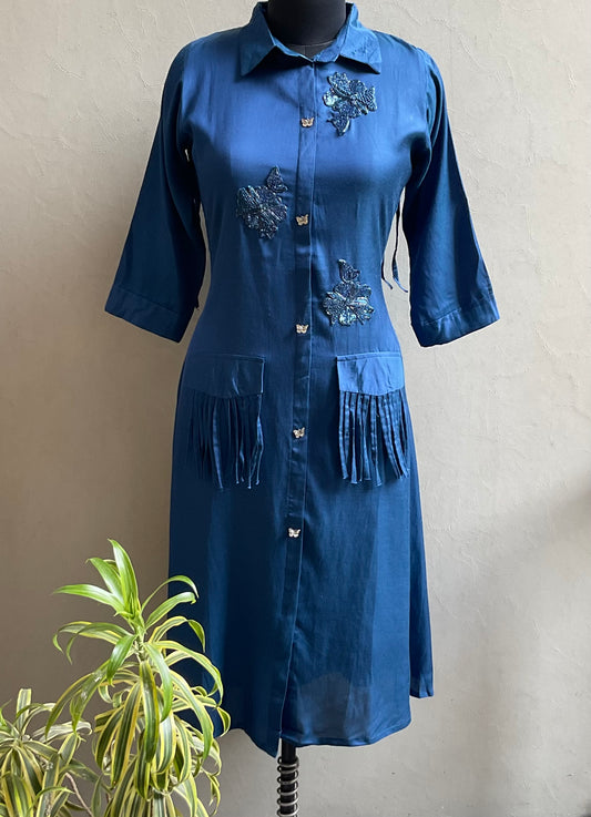 BLUE EMBROIDERED ALINE DRESS