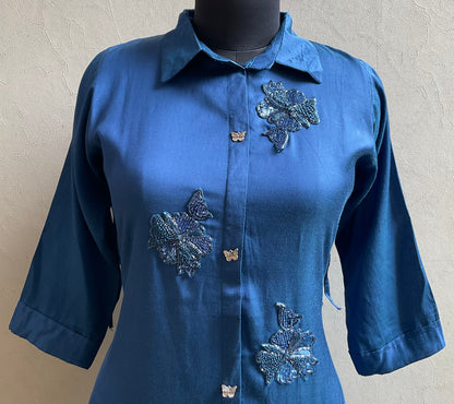 BLUE EMBROIDERED ALINE DRESS