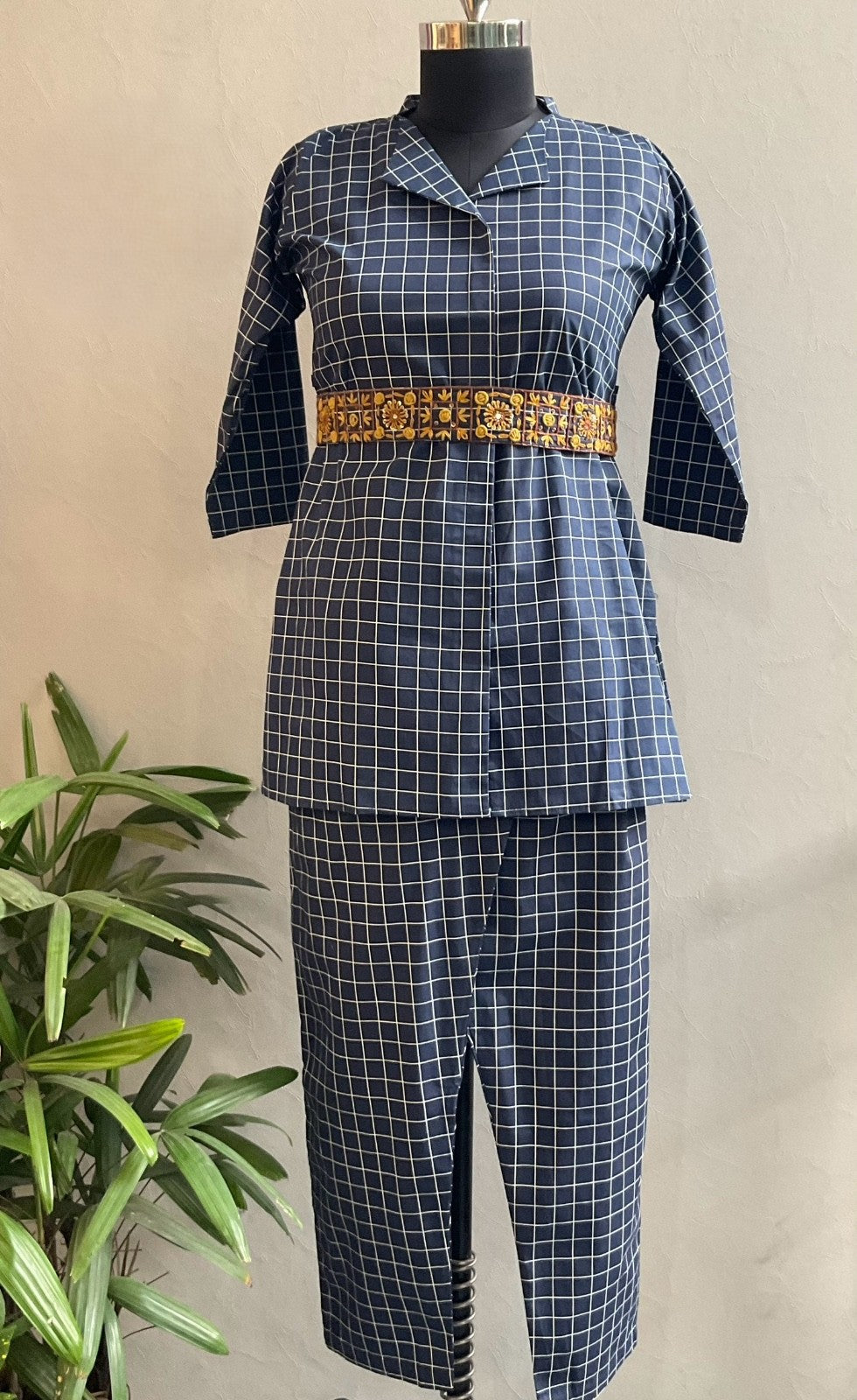 NAVY CHECKS BELT EMBROIDERED COORD SET
