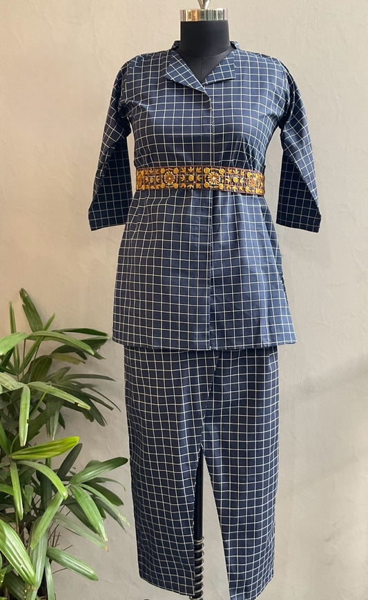 NAVY CHECKS BELT EMBROIDERED COORD SET
