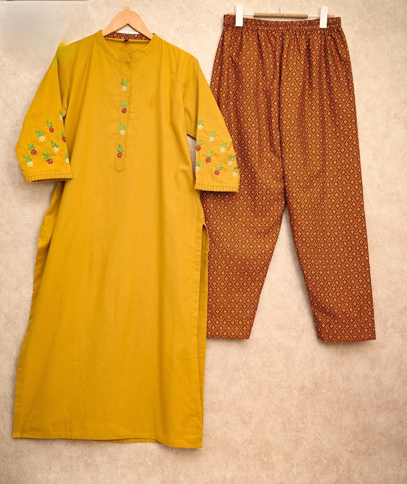 MUSTURD YELLOW THREAD EMBROIDERED KURTA PANT