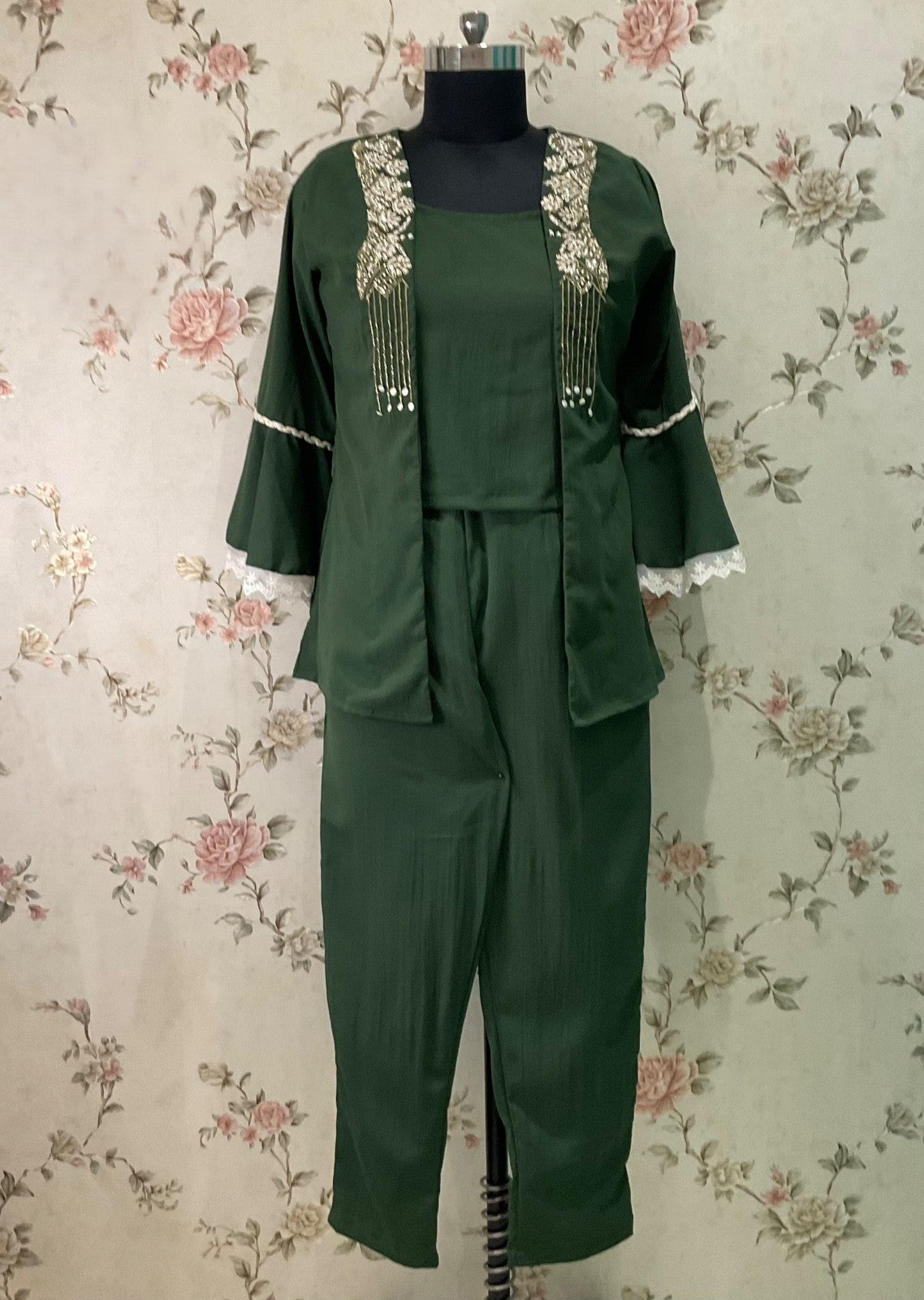 BOTTLE GREEN CUTDANA EMBROIDERED COORD SET