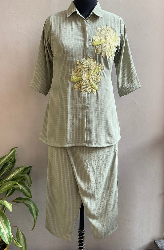 PISTA GREEN FLORAL EMBROIDERED COORD SET