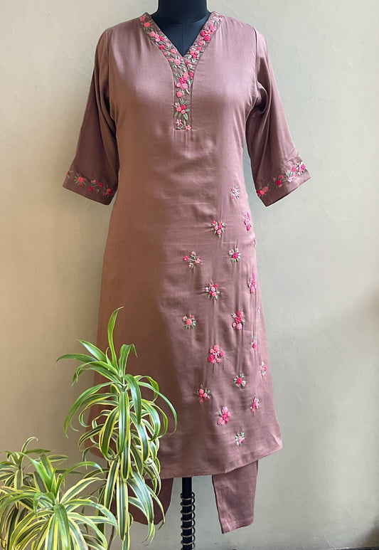 LIGHT BROWN HAND EMBROIDERED KURTA PANT
