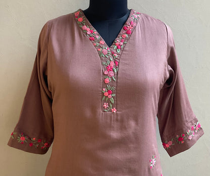 LIGHT BROWN HAND EMBROIDERED KURTA PANT