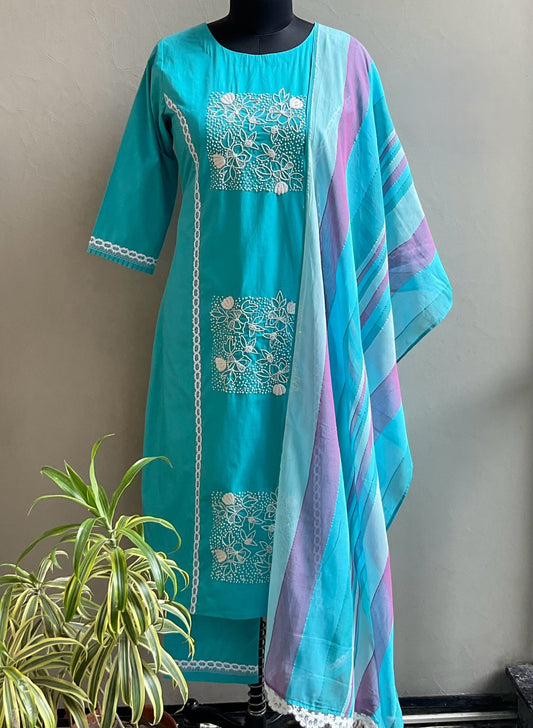 SKY BLUE THREAD EMBROIDERED KURTA SET