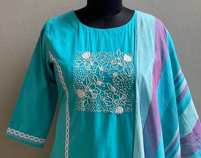SKY BLUE THREAD EMBROIDERED KURTA SET