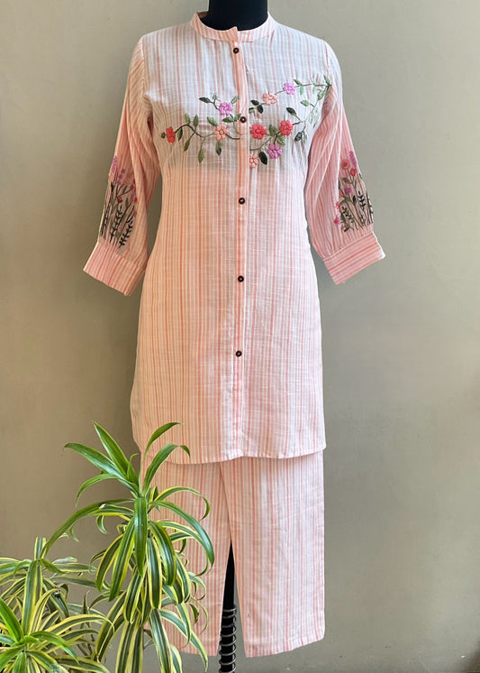 LIGHT PEACH STRIPE HAND EMBROIDERED CO-ORD SET
