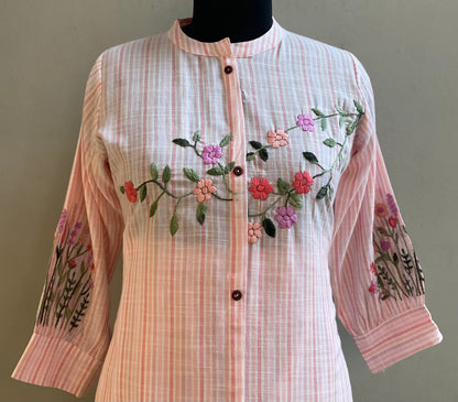 LIGHT PEACH STRIPE HAND EMBROIDERED CO-ORD SET