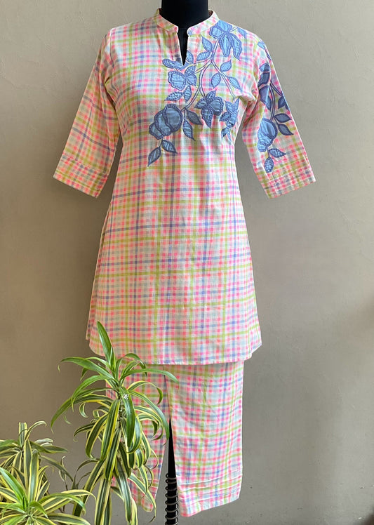 MULTI COLOR CHECKS ONE SIDE APPLIQUE CO-ORD SET
