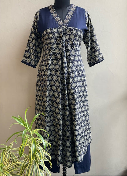 INK BLUE V NECK HAND EMBROIDERED KURTA PANT