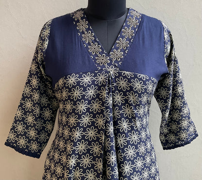 INK BLUE V NECK HAND EMBROIDERED KURTA PANT