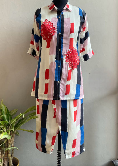 MULTI COLOR MUSLIN FLORAL PATCHED COORD SET