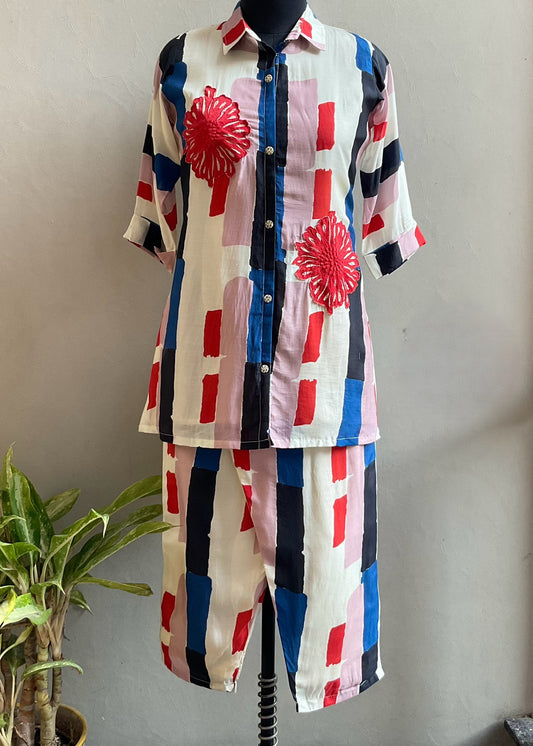 MULTI COLOR MUSLIN FLORAL PATCHED COORD SET