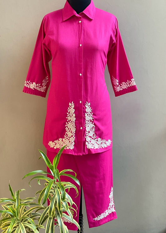 RANI PINK FLAX CLOTH HAND EMBROIDERED CO-ORD SET