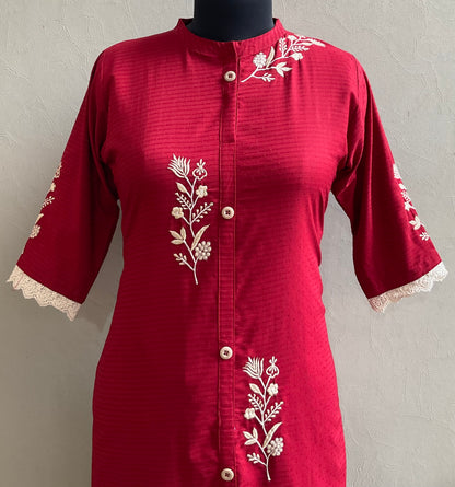 RED EMBROIDERED COTTON KURTA WITH PANT