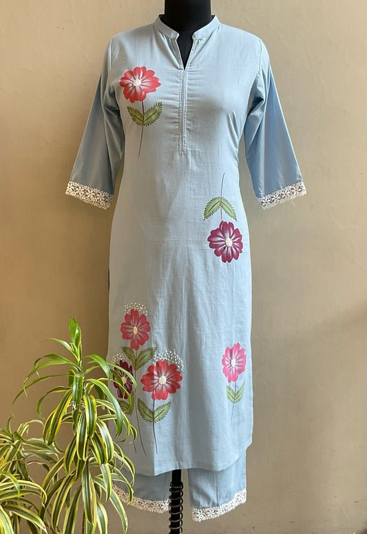 LIGHT BLUE HAND PAINTED KURTA PANT