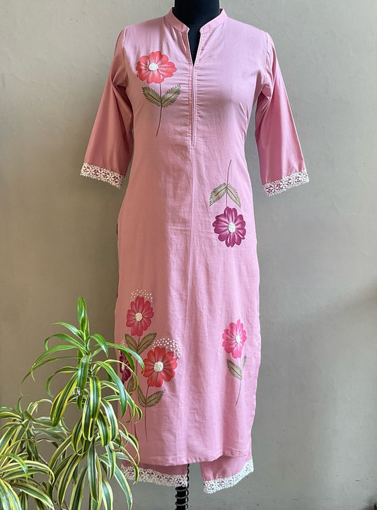 LIGHT PINK HAND PAINTED KURTA PANT