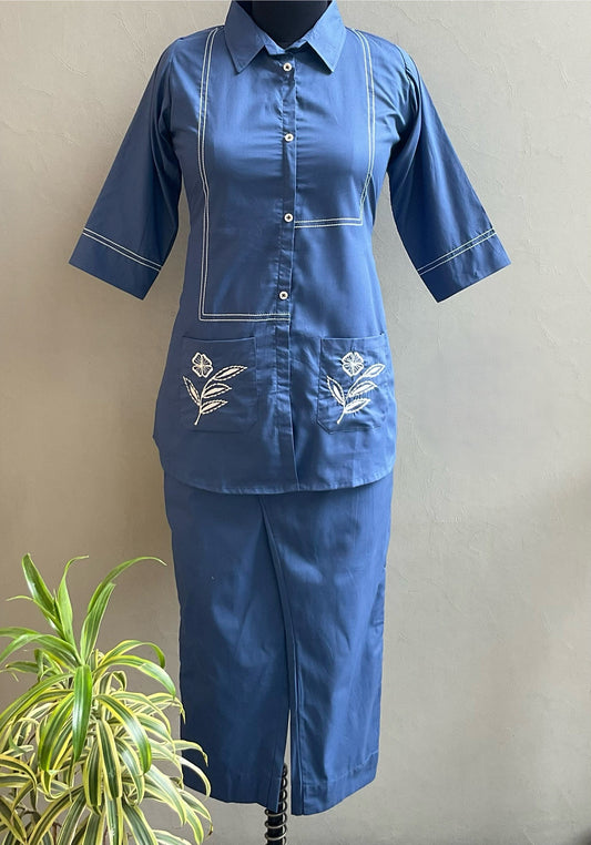 DENIM POCKET EMBROIIDERED CO-ORD SET
