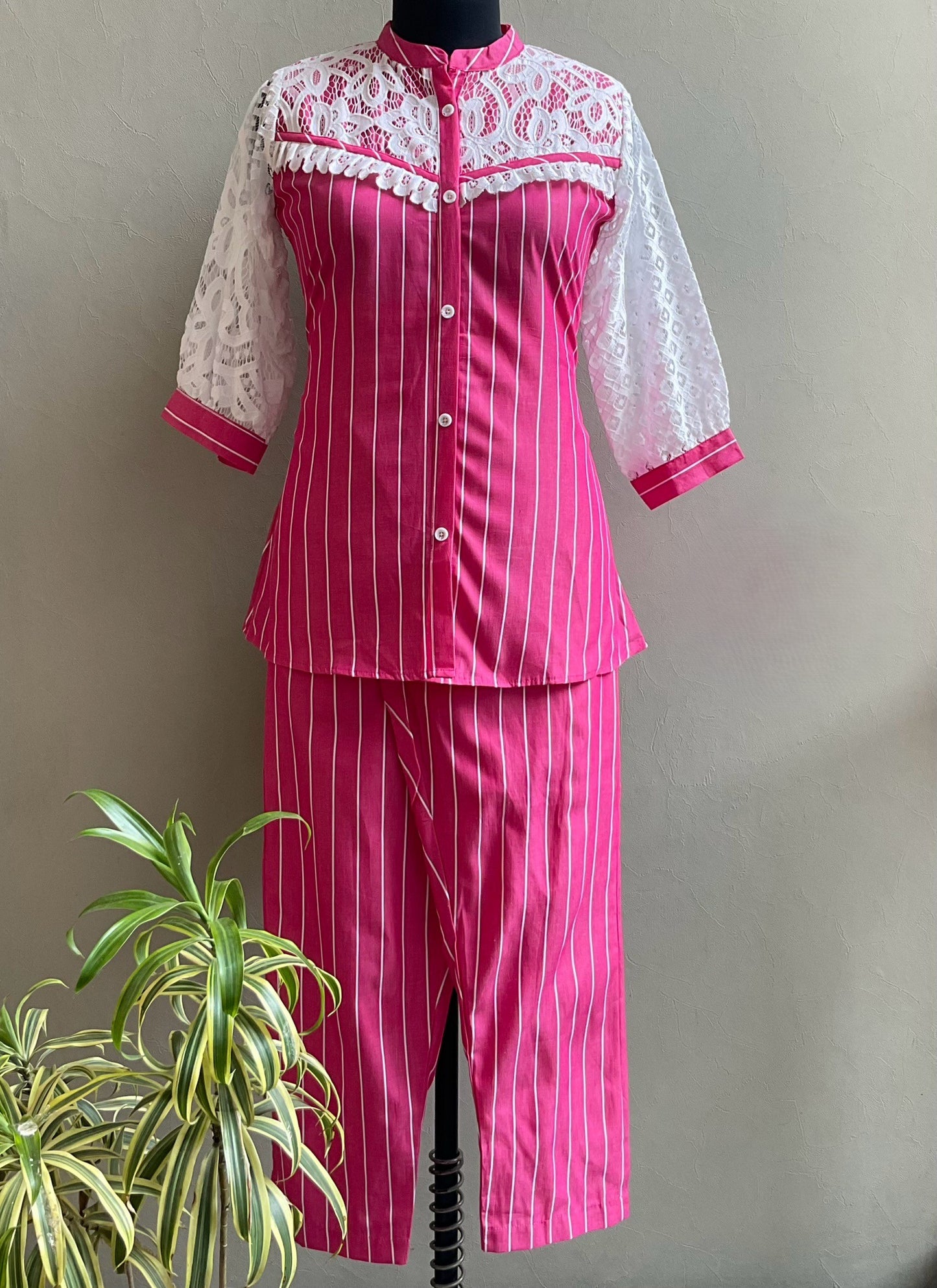 PINK STRIPE LACED COORD SET