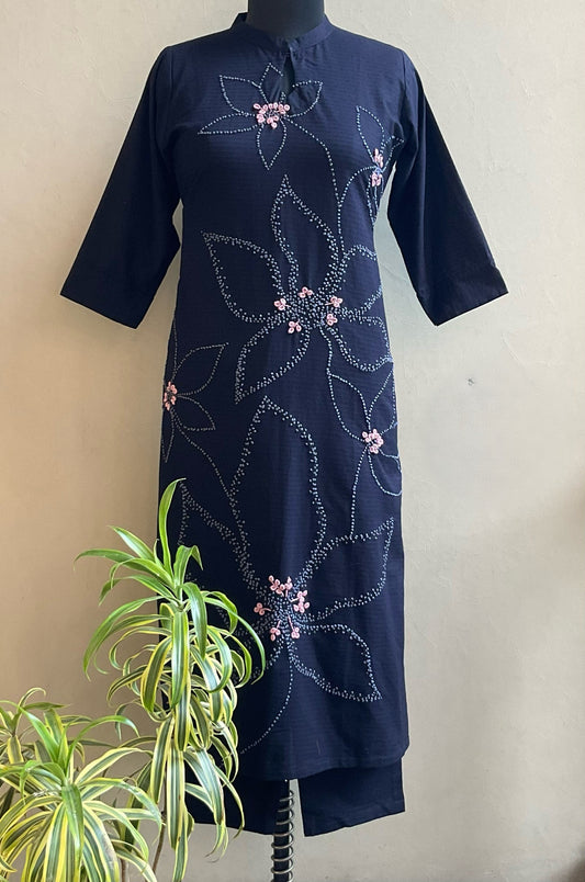 NAVY BLUE FRENCH KNOT KURTA PANT