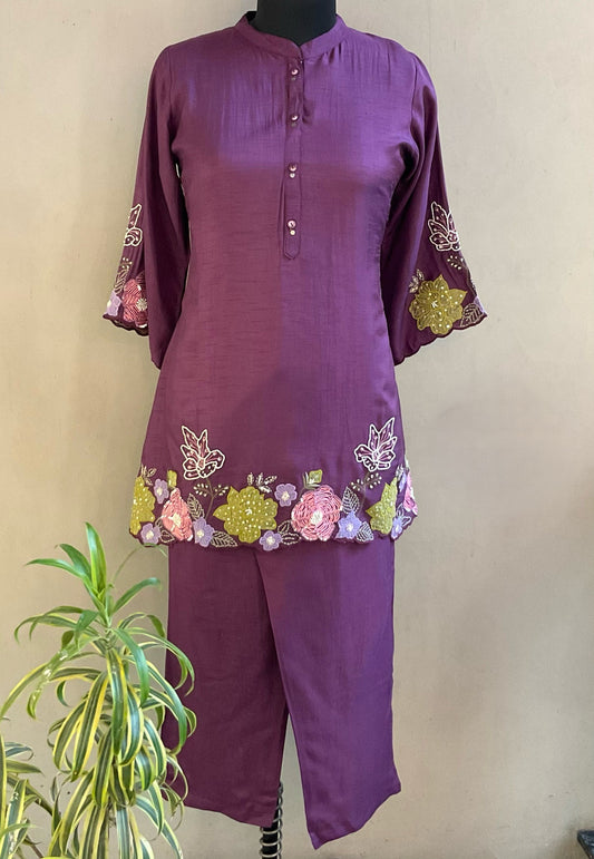 PURPLE HAND EMBROIDERED COORD SET