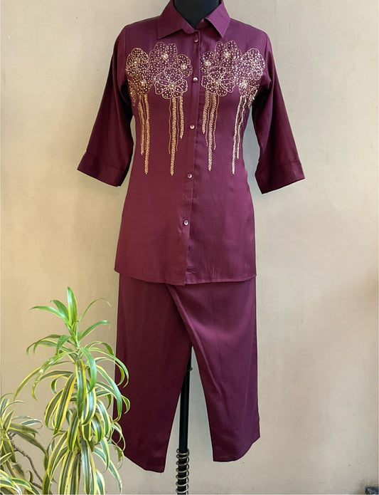 WINE THREAD EMBROIDERED COORD SET