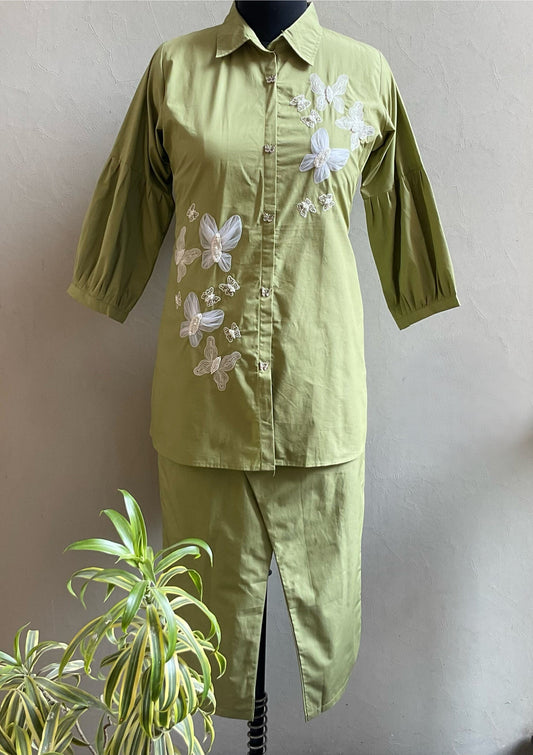 GREEN BUTTERFLY PATCHED COORD SET
