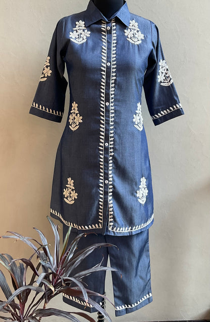 DENIM HAND EMBROIDERED COORD SET