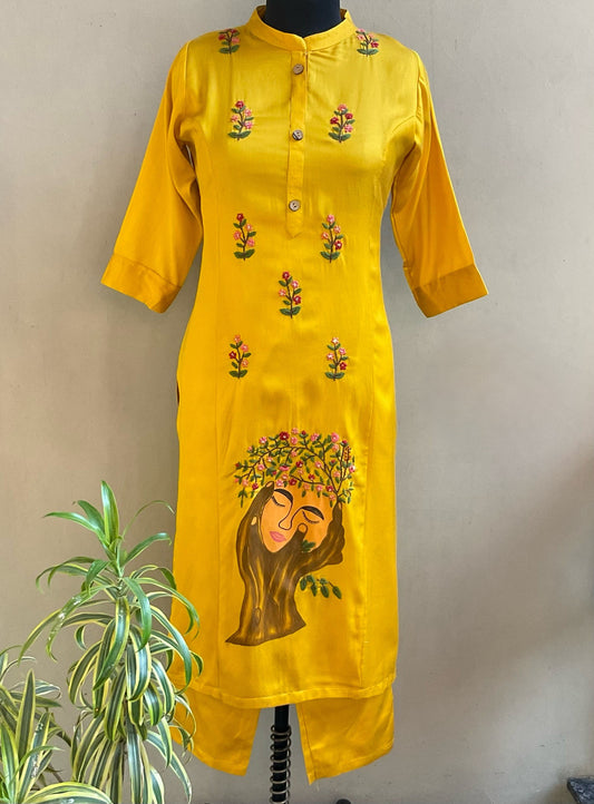 YELLOW HAND PAINTED WITH HAND EMBROIDERED KURTA PANT