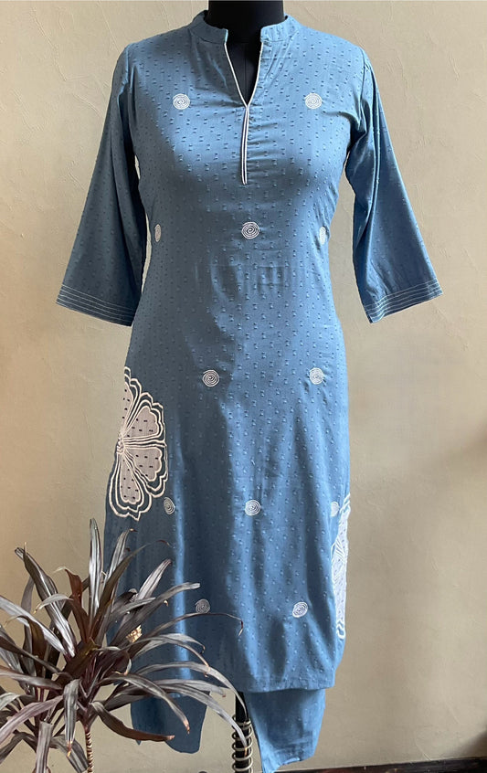 DENIM BLUE THREAD EMBROIDERED KURTA PANT