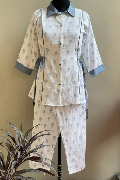 WHITE DOUBLE CLOTH PRINTED COORD SET