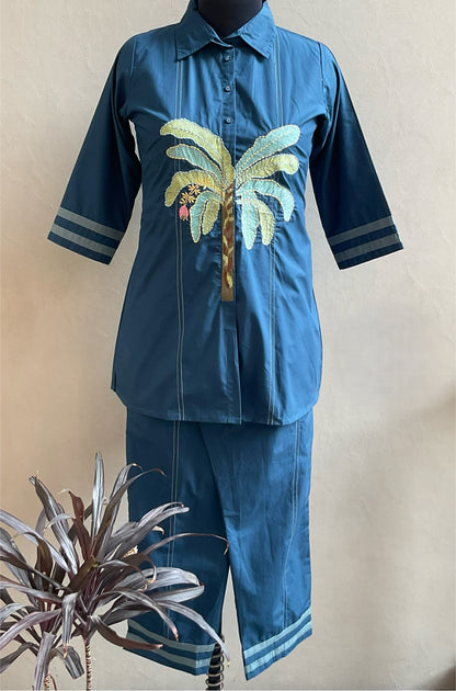 TEAL BLUE THREAD EMBROIDERED COORD SET