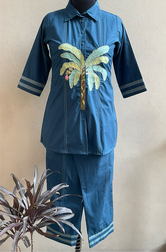 TEAL BLUE THREAD EMBROIDERED COORD SET