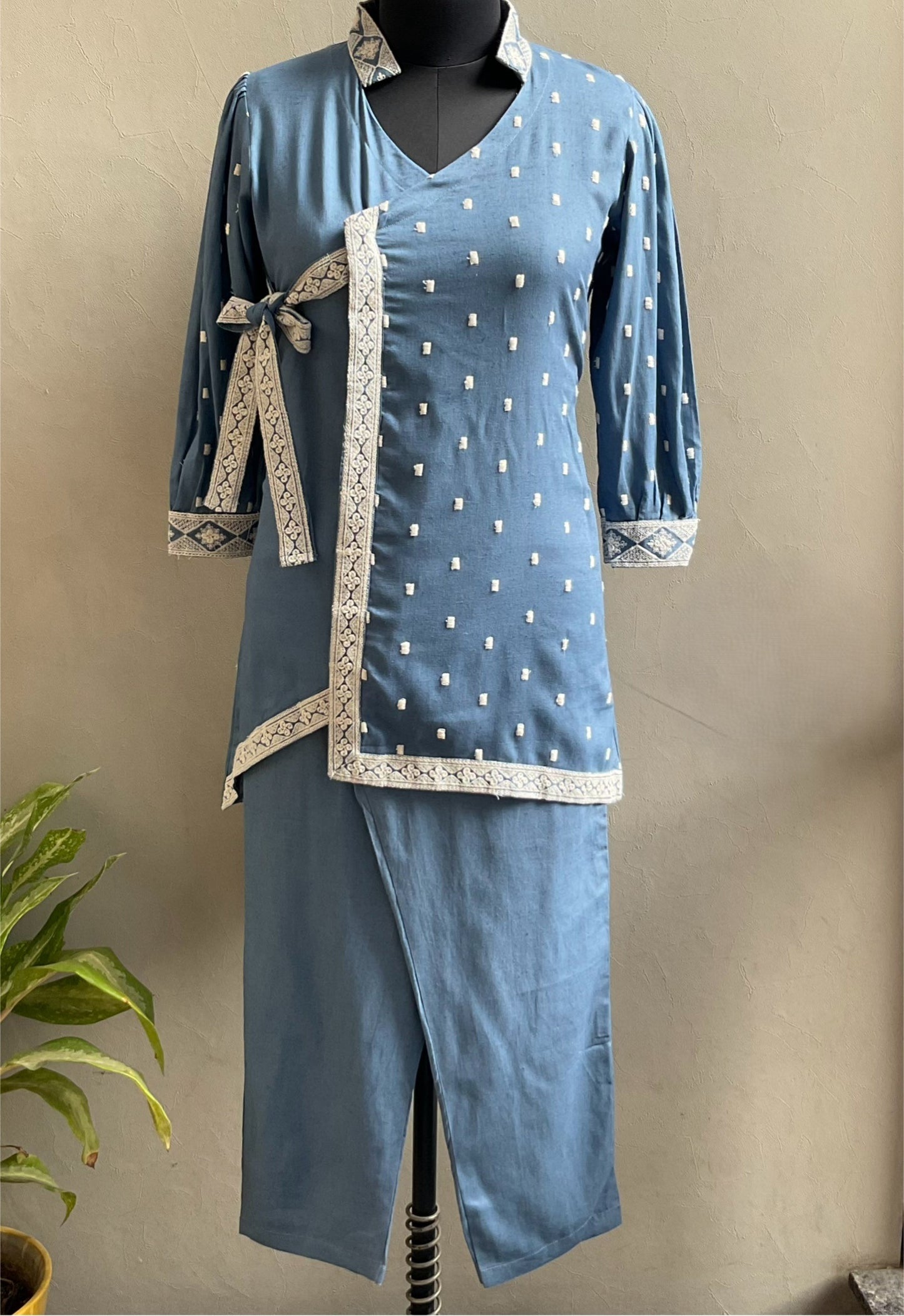 BLUE LINEN ANGRAKHA PATTERN COORD SET