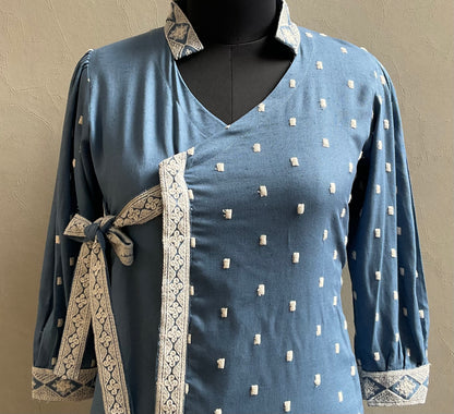 BLUE LINEN ANGRAKHA PATTERN COORD SET