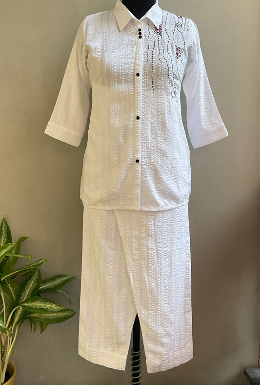WHITE KATHA STICHED COORD SET