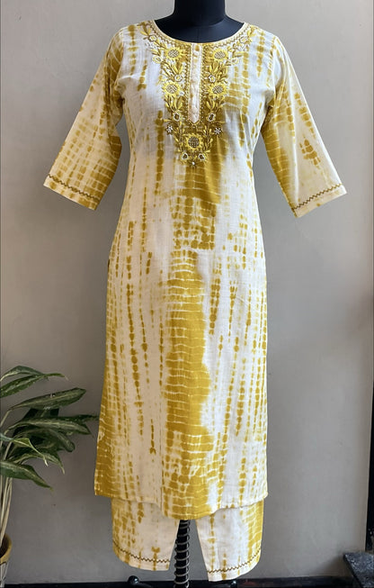 MUSTARD TIE & DIE EMBROIDERED KURTA PANT