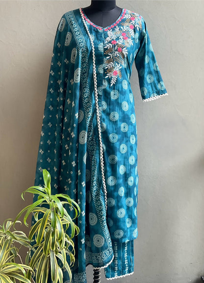 TEAL BLUE ONE SIDE EMBROIDERED KURTA SET