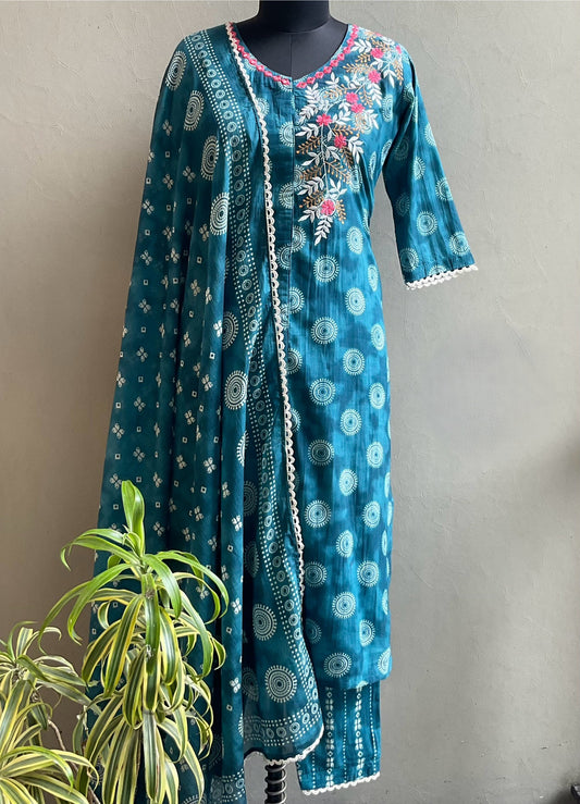 TEAL BLUE ONE SIDE EMBROIDERED KURTA SET