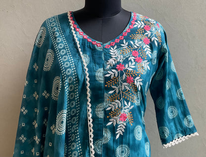 TEAL BLUE ONE SIDE EMBROIDERED KURTA SET