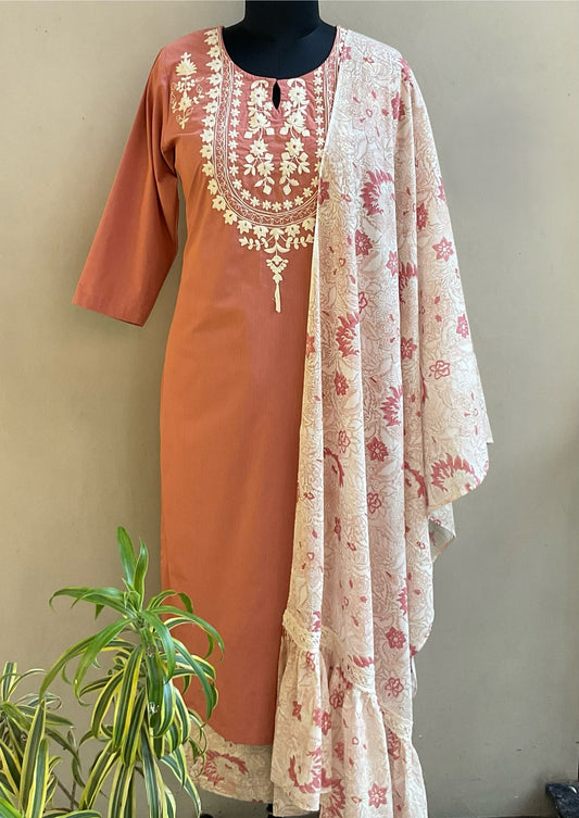 RUST THREAD EMBROIDERED KURTA SET